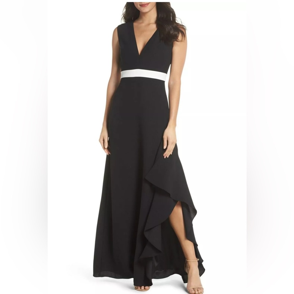 🖤 ML MONIQUE LHUILLIER Black White V-Neck Plunge Ruffle Stretch Crepe Gown 2